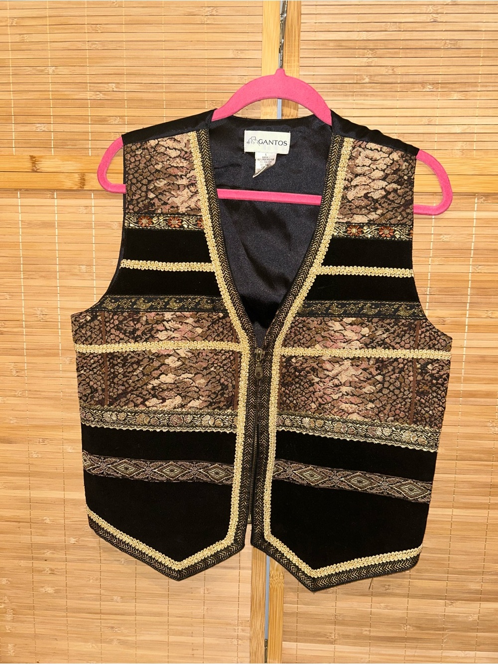 Vintage 90s Gantos tapestry suede black gold full zip up vest woman’s large boho